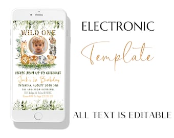 Wild One verjaardag Evite met foto, Safari 1e verjaardag elektronische uitnodiging sjabloon bewerkbare digitale download, Jungle eerste verjaardag tekst