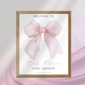 Pink Bow Baby Shower Welcome Sign Pink Coquette Baby Shower Entrance Sign Template Pink Ribbon Minimal Editable Canva Template