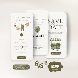 May include: Three smartphone screens displaying baby shower invitation designs. The first screen reads "Locally Grown baby on the way" with illustrations of baby clothes and vegetables. The second screen shows a countdown. The third screen says "Save the Date".