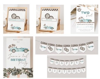 Growing Up TWO Fast Race Car Birthday Invitation Package, 2nd Birthday Vintage Blue Car Race Car Birthday Bundle, INSTANT DOWNLOAD, Editable