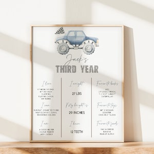 May include: A blue and grey printable chart for a child's third birthday. The chart includes the child's name, Jack, and details about their third year, including their weight, height, favourite books, toys, and foods. The chart is decorated with a blue monster truck illustration.