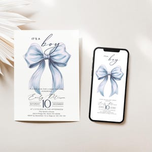 Blue Bow Baby Shower Invitation Blue Coquette Baby Shower Invite, Baby Shower Invitation Boy Coquette Bow, Bow Theme Baby Editable Template