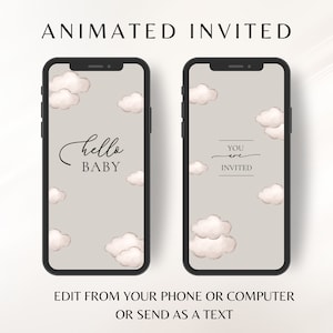 Editable Baby Shower Invitation, Hello Baby, Neutral  Clouds,  Neutral, Minimal, Baby Shower Video Invitation Template Animated Invitation