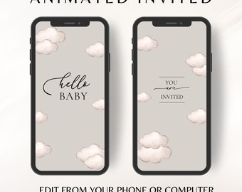 Editable Baby Shower Invitation, Hello Baby, Neutral  Clouds,  Neutral, Minimal, Baby Shower Video Invitation Template Animated Invitation