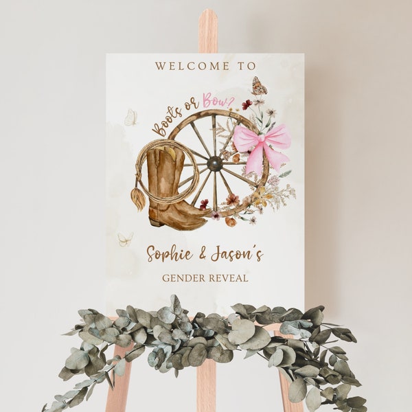 GENDER REVEAL Welcome Sign, Boots or Bow Gender Reveal Sign,  Boy or Girl Wild West Gender Invite , Country Western Welcome Sign