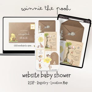 May include: A digital display of a baby shower invitation with Winnie the Pooh illustrations. The invitation is displayed on a laptop, tablet, and smartphone. The text "winnie the pooh" is at the top, and "website baby shower" is at the bottom.