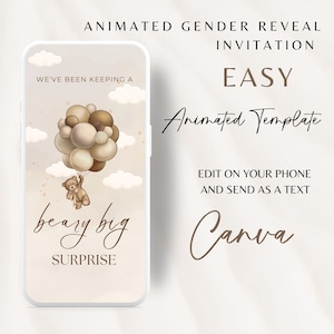 Op de afbeelding: Geanimeerde sjabloon voor een geslachtsonthullingsuitnodiging met een teddybeer die ballonnen vasthoudt. De tekst luidt "We hebben een hele grote verrassing geheim gehouden".