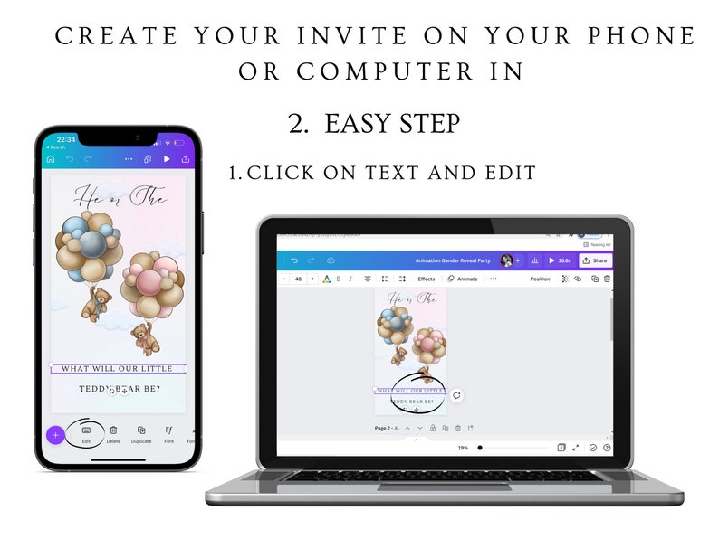 Gender Reveal Video Invitation, Phone Invite Canva, Teddy Bear Animated Invitation, Gender Reveal Ideas, He or She, Hot Air Balloon Invitie image 4