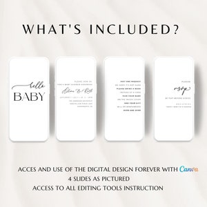 May include: Four white phone screens with text on them. The first screen says "hello BABY". The second screen says "Please join us for a baby shower honoring Olivia & Keith". The third screen says "Just one request, we hope it's not hard. Please bring a book instead of a card. Sign your name on the inside cover and your gift will be remembered over and over". The fourth screen says "Please RSVP by text before 6/20/23".