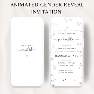 Animated Pink or Blue Baby Gender Reveal Invitation, He or She Baby Shower Video, Floral Gender Reveal Invitation Template, Digital Download