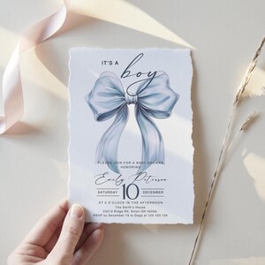 Blue Bow Baby Shower Invitation Blue Coquette Baby Shower Invite, Baby Shower Invitation Boy Coquette Bow, Bow Theme Baby Editable Template