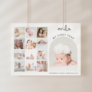 Fotoposter des ersten Jahres des Babys, Vorlage des ersten Geburtstagsfotoschilds, minimalistisches Fotobanner zum 1. Geburtstag, bearbeitbares Jahr in der Bildertafel