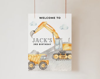 Construcción 3er signo de bienvenida, bienvenida a la fiesta del camión excavadora, fiesta del camión excavadora tercer día, descarga digital, decoración de signos de construcción C1