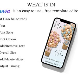 Gender Reveal Video Invitation, Phone Invite Canva, Teddy Bear Animated Invitation, Gender Reveal Ideas, He or She, Hot Air Balloon Invitie image 3