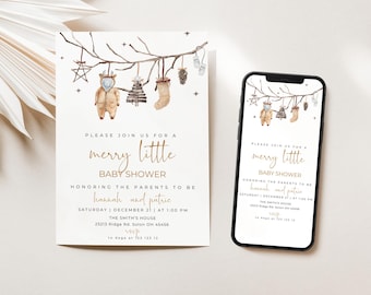 May include: A white baby shower invitation with a gold border and text. The invitation features a watercolour illustration of a branch with a bear, a Christmas tree, a stocking, and a pine cone. The text reads "Please join us for a merry little baby shower honouring the parents to be Hannah and Patric. Saturday, December 21 at 1:00 PM. The Smith's House, 23213 Ridge Rd. Solon OH 45456. RSVP to (phone number)"