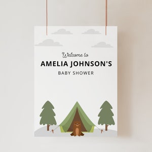 CAMPING Baby Shower Welcome Sign, Woodland Baby Shower Decor, Editable Oh Baby Adventure Awaits Woodland Creatures Baby Shower Signag