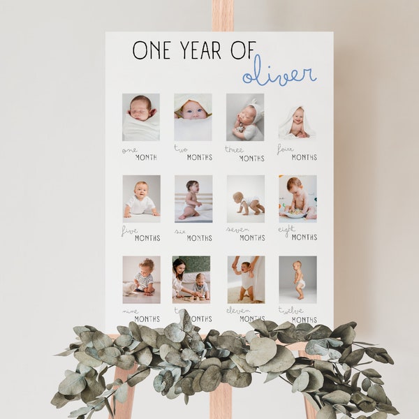 Baby's First Year Photo Poster, First Birthday Photo Sign Template, Minimalist 1st Birthday Photo Banner, Editable Year In Pictures Board