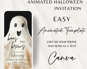 Animated Halloween Party Invitation Template, Adult Halloween Party Invite, Retro Boos and Booze , Electronic Ghost Costume Party Evite