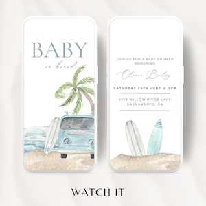 May include: A light blue baby shower invitation with a watercolor design. The front features a vintage van, palm tree, and surfboard with the text "BABY on board." The back has event details.