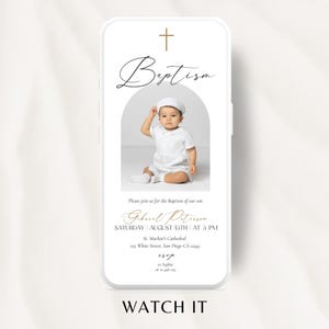 Invito animato per il battesimo di un bambino, modello per invito alla prima comunione, invito con foto digitale minimalista per il battesimo di un bambino con fiocco blu