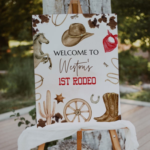 My FIRST RODEO Birthday Welcome Sign Template, Printable Wild West First Birthday Decor, Editable Country Western 1st Birthday Signs r21