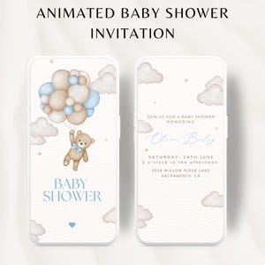 Modello di invito per baby shower con orsetto animato, invito per baby shower con bambino, invito per baby shower con nuvola, invito per baby shower con stella, modificabile