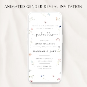 Animated Pink or Blue Baby Gender Reveal Invitation, He or She Baby Shower Video, Floral Gender Reveal Invitation Template, Digital Download
