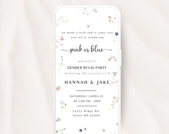 Animated Pink or Blue Baby Gender Reveal Invitation, He or She Baby Shower Video, Floral Gender Reveal Invitation Template, Digital Download