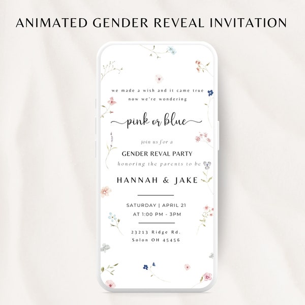 Animated Pink or Blue Baby Gender Reveal Invitation, He or She Baby Shower Video, Floral Gender Reveal Invitation Template, Digital Download