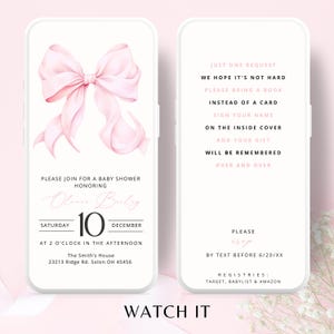 Modelo de convite animado para chá de bebê com laço rosa, modelo moderno e elegante para chá de bebê com laço rosa, tema digital
