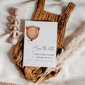 Minimal Baby Bär Ballon Save the Date Karte, druckbare Baby-Dusche Save the Date Vorlage, Teddybären Picknick, voll editierbar, #B21