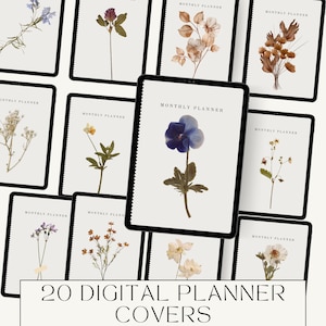 Op de afbeelding: Twintig digitale planner-covers met geperste bloemen. De covers tonen een verscheidenheid aan bloemen, waaronder viooltjes, klaver en wilde bloemen. Elk cover heeft de tekst "MAANDPLANNER" bovenaan.