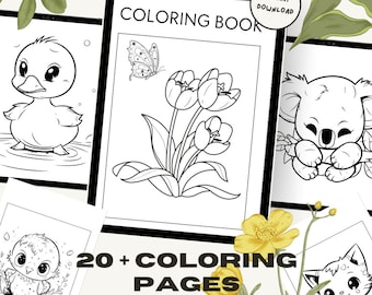 Puede incluir: Una descarga digital de más de 20 páginas para colorear con animales adorables. La imagen de portada muestra una ilustración en blanco y negro de un pato, un koala, un pollito y un gato. El texto "20+ páginas para colorear" y "Páginas para colorear de animales adorables" también está incluido en la imagen.