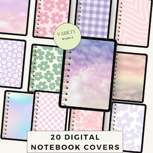 May include: A set of 20 digital notebook covers featuring a variety of designs, including floral patterns, clouds, and checkered patterns. The covers are in pastel colours and have a modern aesthetic. "VARIETY BUNDLE" is written on a green circle in the centre of the image.