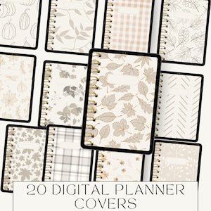 May include: Twenty digital planner covers featuring various autumn-themed patterns. The covers include designs with leaves, pumpkins, plaid, and geometric patterns in shades of beige, brown, and gold.