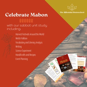 Può includere: Una grafica rossa e dorata con il testo "Celebrate Mabon" e "with our sabbat unit study including:" seguito da un elenco di attività: Harvest Festivals Around the World, Welsh Folklore, Vocabulary and Literary Analysis, Writing, Science Experiment, Handifcrafts and Recipes, Event Planning. La grafica è sovrapposta su uno sfondo di legno con foglie autunnali e ghiande.