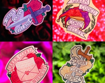 Könnte beinhalten: Vier Aufkleber-Designs mit weißem Hintergrund und bunten Illustrationen. Jeder Aufkleber zeigt eine Rose, ein Schwert und den Text "Queer Coded" mit einer anderen Beschreibung darunter. Die Beschreibungen sind "Villain", "Comic Relief", "Love Interest" und "Hero".