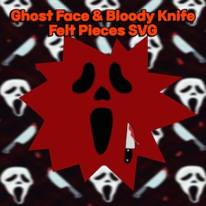 May include: Red felt craft pattern featuring a white ghost face mask and a bloody knife. The pattern is surrounded by a repeating pattern of white ghost face masks and knives.
