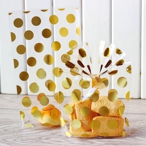 Sachets transparents pour biscuits ou bonbons - Pois dorés -Cadeaux invités Mariage, Baptême, Anniversaire, Baby Shower, Sachets cellophane