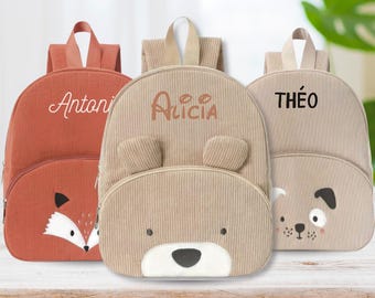 Sac à dos personnalisé en velours côtelé, Sac école enfants avec prénom, Cartable Maternelle, Fille ou Garçon, Plusieurs animaux disponibles