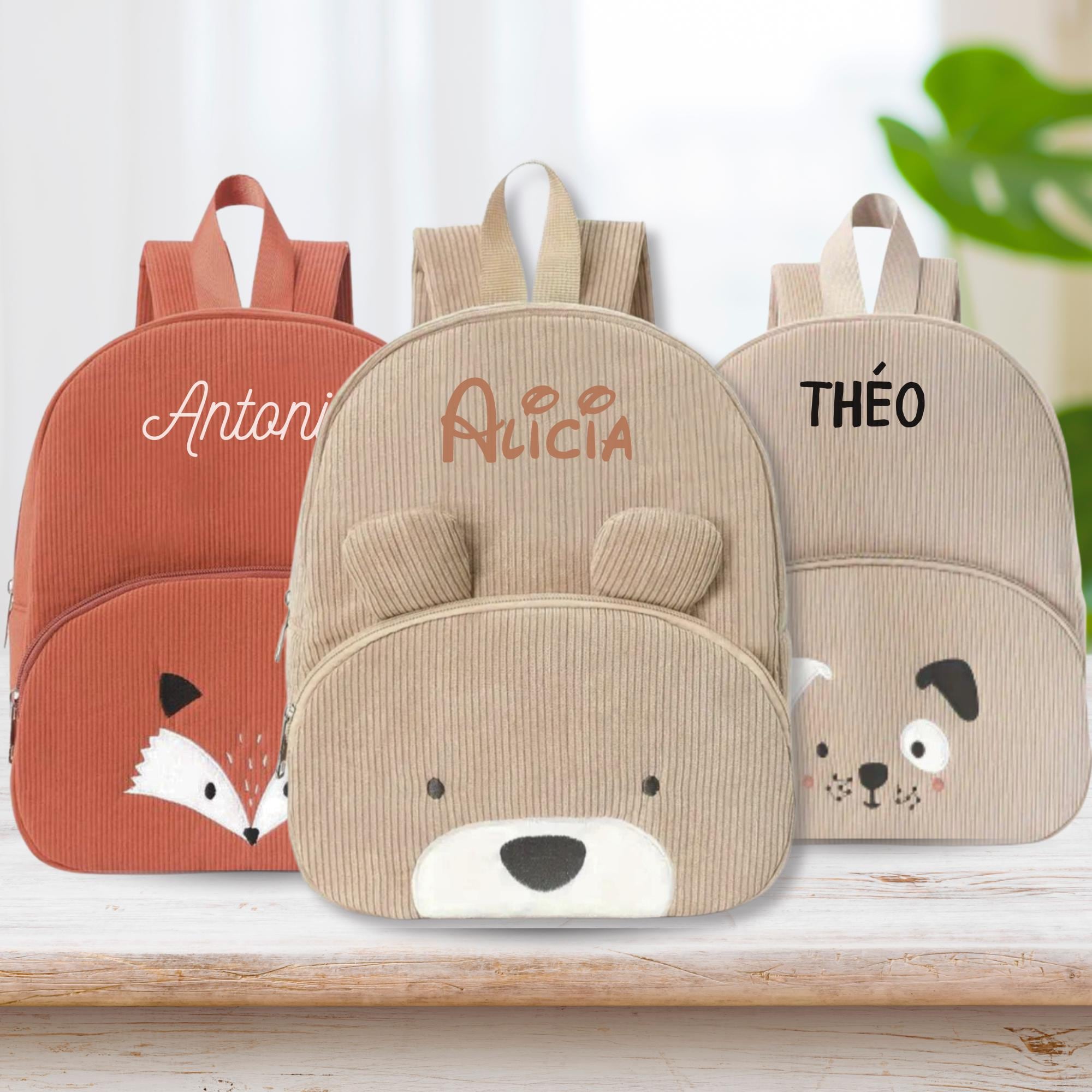 Sac à dos enfant personnalisé en velours côtelé, Sac école avec prénom, Cartable Maternelle, Fille ou Garçon, Plusieurs animaux disponibles