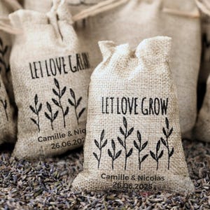 x 25 Pochons dragées personnalisés pour Mariage, Sachets toile de jute cadeaux d'invités, lavande - Mariage champêtre, Rustique, 12 Modèles
