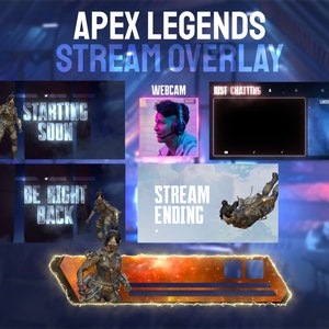 May include: A digital overlay for streaming Apex Legends, featuring a webcam frame, a chat window, and various animated graphics. The graphics include "Starting Soon", "Be Right Back", and "Stream Ending" with a character from the game.