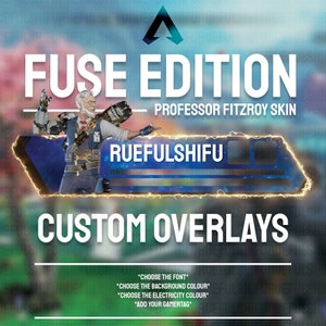 Pode incluir: Uma ilustração digital de um personagem de videogame, Fuse, de Apex Legends. O personagem está usando a skin Professor Fitzroy. A imagem é uma sobreposição personalizada para o jogo, com o texto "RUEFULSHIFU" e "CUSTOM OVERLAYS".