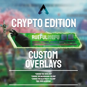 Puede incluir: Una superposición digital verde y negra para el videojuego Apex Legends. La superposición presenta el texto "CRYPTO EDITION" y "RUEFULSHIFU". También incluye el texto "CUSTOM OVERLAYS" e instrucciones para personalizar la superposición.