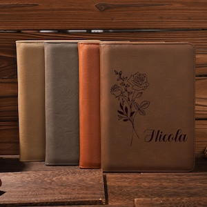 Birthday Flower Personalized Leather Padfolio, Refillable leather journal, Leather binder cover, Custom Corporate Gift, Birthday Gif
