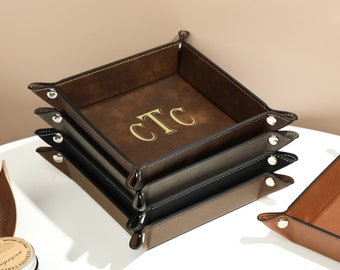 Personalized Engraved Leather Tray, Personalized Leather Valet Tray for Men, Small leather trinket trays, Foldable Leather Valet Tray