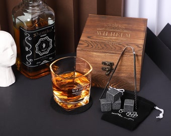 Regalo del Día del Padre, Juego de vasos de whisky personalizado con caja de madera, Juego de regalos de whisky personalizado con piedras escalofriantes para él, Regalo del padrino