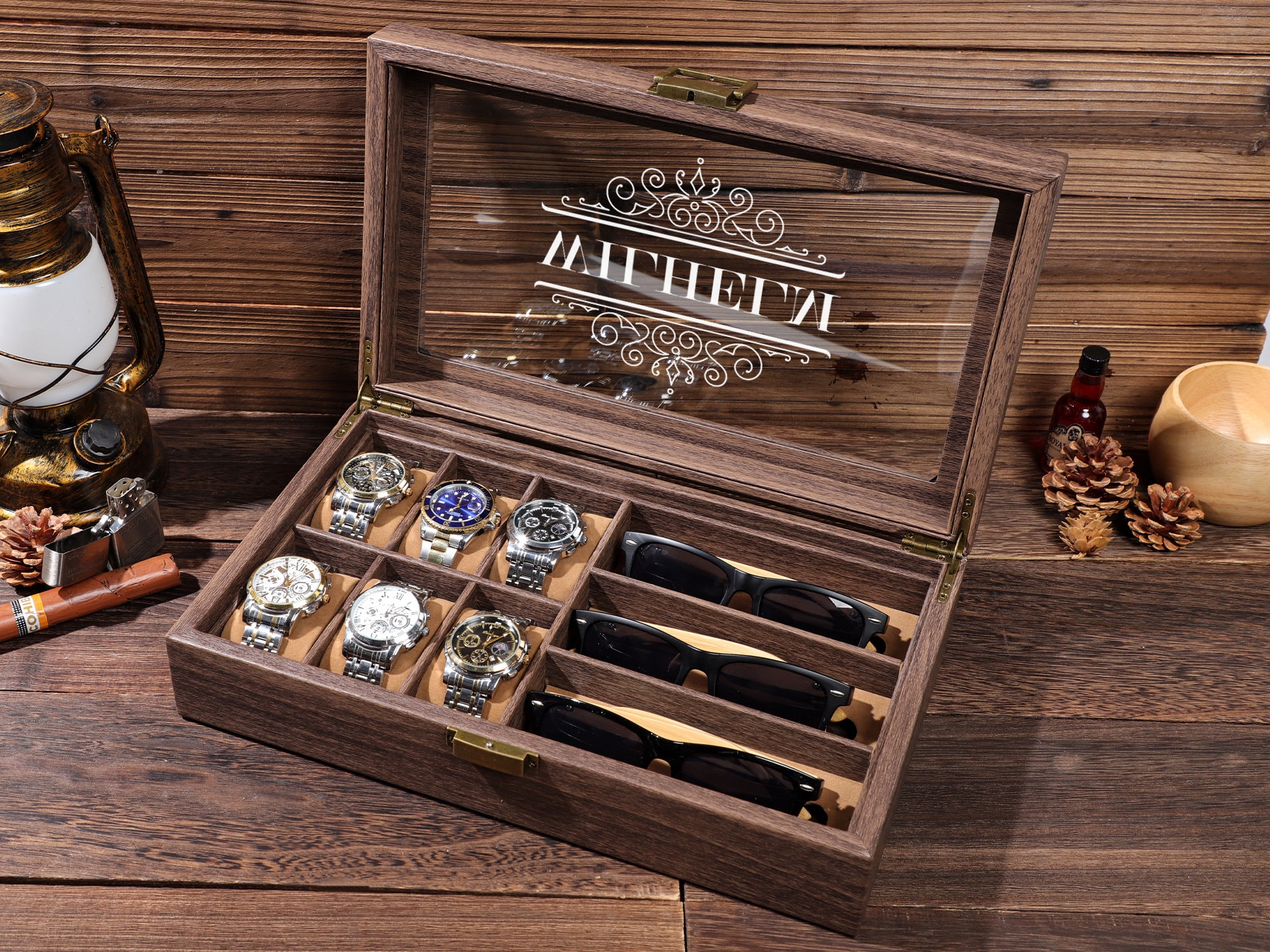 Watch Box with Sunglass Holder, Personalized Groom's Gift, Personalised Leather Watch Box for Men, Watch Case, Watch Organizer,Father's Gift