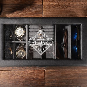 Horlogekast, gepersonaliseerde zwarte PU-lederen horlogedoos voor heren, horloge-organizer, horlogedoos met zonnebrilhouder, vadercadeau, getuige